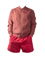 mens bomber jacket sports shorts isolated on white background. fashionable casual wear