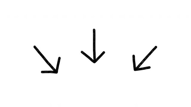 Three doodle arrows pointing down, hand drawn in black marker pen. Stop motion animation on a white background