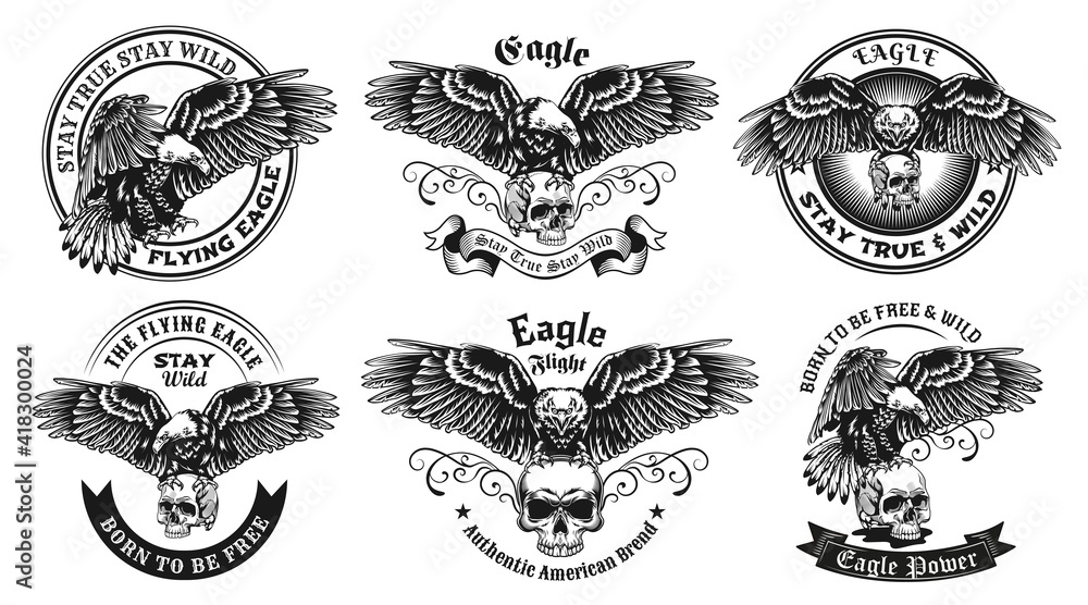 Poster monochrome labels with eagle and skull vector illustration set. retro emblems with flying predator b