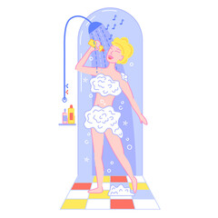 Girl singing in the shower, covered in foam and using the bottle as a microphone. Calm and happy female bathing. Listening to music, singing, relaxation concept. Linear vector illustration