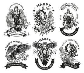 Black label designs with harpy vector illustration set. Vintage badges with pretty bird woman. Mythology and fantastic creatures concept can be used for retro template, banner or poster