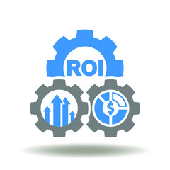 Gear mechanism with ROI abbreviation, growth arrows, financial diagram vector icon. Return on investment symbol.