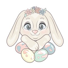 isolated easter bunny with colorful eggs and flower wreath, and cartoon character illustration on white background