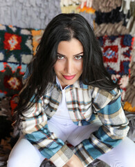 portrait of a beautiful woman with long hair, a view from above.