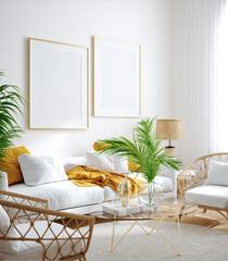 Mockup frame, wall in interior background, Coastal style, 3d render © artjafara