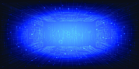 Digital grid line tunnel room and stage included tech grid line architect around.Technology background banner wallpaper.Vector illustrations.