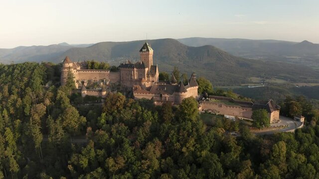 Aerial view of the Chateau du Haut-Koenigsbourg castle at sunset, Orschwiller, France.