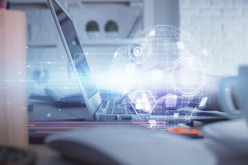 Double exposure of woman hands typing on computer and social network theme hologram drawing. People media concept.