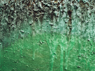 Smudges and cracks of old green paint interspersed with rust. Vintage background, copy space.