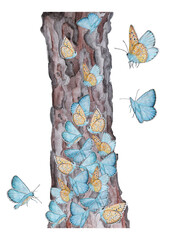 Watercolor postcard with butterflies and tree.