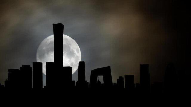 Beijing, Time Lapse by Night with Big Full Moon and Silhouette of  Modern Metropolis in China