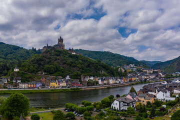 Panorama of Cochem with the Reichsburg Cochem, Germany. Drone photography.