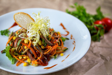 Salad with corn and beef and vegetables