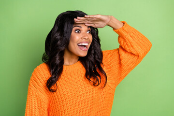 Portrait of attractive amazed cheerful girl looking far dream oportunity isolated over green pastel...