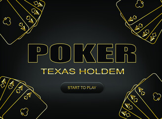 Poker Texas Holdem banner. 4 aces in gold color on a black background. Vector illustration for casino apps and websites