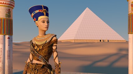 Queen Nefertiti in front of the great pyramid of Giza and a view of the desert in the ancient temple. Historical animation. The Great Pyramids In Giza Valley, Cairo, Egypt. 3d rendering.