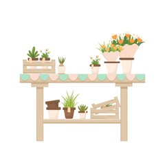 Wooden table with potted plants, flowers, florist shop, orangery decoration in cartoon style isolated on white background. Gardening, seeding element, advertising composition. Furniture for interior.