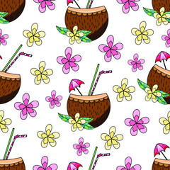 Coconut coctail and flowers seamless pattern vector illustration for textile print, wallpaper, fashion design
