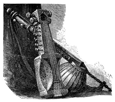 Kamanchen and Sarangi, Kashmir and Indian musical instruments. Culture and history of Asia. Vintage antique black and white illustration. 19th century.