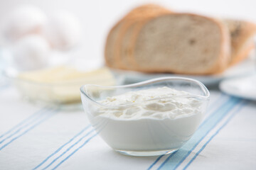 Breakfast, yoghurt, bread, strawberry and honey