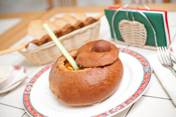Ministrone Soup in bread in restaurant