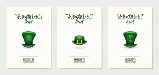 Happy St. Patrick's Day! Greeting card or invitation to a holiday or party. Curly inscription of the holiday with the attribute of the holiday. Patrick's green hat. Vector