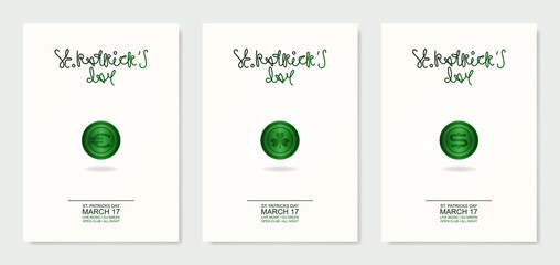 Happy St. Patrick's Day! Greeting card or invitation to a holiday or party. Curly inscription of the holiday with the attribute of the holiday. Gold coin with money sign. Vector