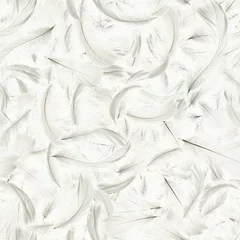 Foto op geborsteld aluminium Glamour stijl Veren banner. Pastel engel veer in naadloze patroon textuur vallen op witte achtergrond. Glamoureuze verfijnde luchtige artistieke afbeelding geïsoleerd op wit.