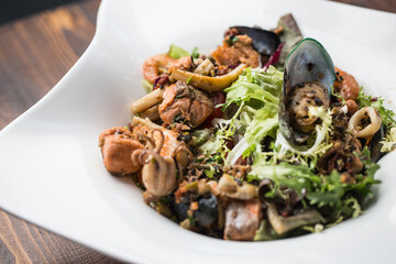 Seafood salad in restaurant