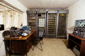 Old communication equipment in underground Soviet bunker