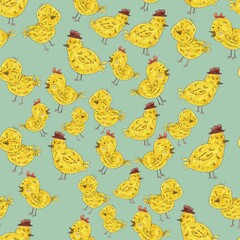Cheerful chickens. Seamless pattern. Cute illustration for the decor and design of posters, postcards, prints, stickers, invitations, textiles and stationery.