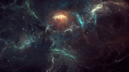 Fototapeta na wymiar Space background. Colorful fractal nebula with starfield and sun. Digital painting