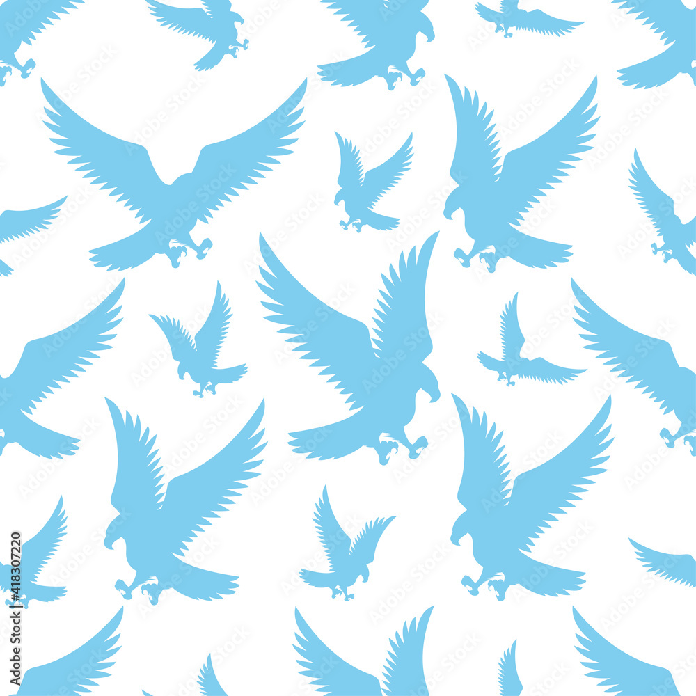 Wall mural Seamless pattern with blue flying birds eagles on white background.