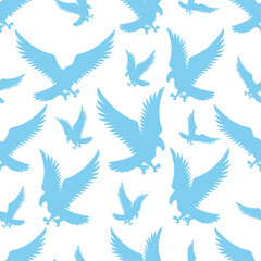 Seamless pattern with blue flying birds eagles on white background.