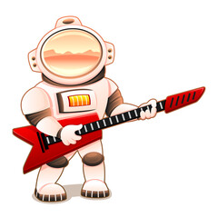 Astronaut with red guitar on white background.