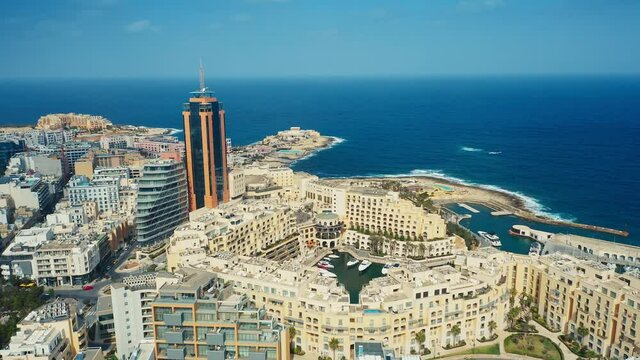 Aerial view of St. Julians city, Balluta Bay Beach. Malta island