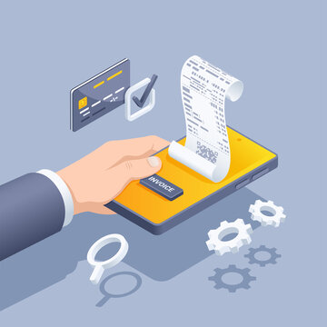 isometric vector illustration on a gray background, a man in a business suit holds a smartphone on the screen of which there is a receipt and a button with the inscription invoice