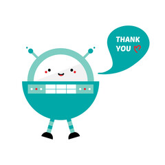 Cute cartoon style rounded spaceman robot character, toy saying thank you, showing appreciation. Vector icon, illustration.