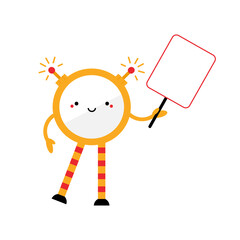 Cute cartoon style orange robot character, toy with long legs holding empty, blank sign, banner in hand. Vector icon, illustration.