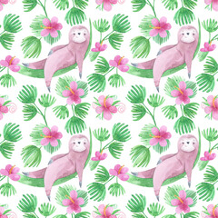 Seamless pattern cute sloth, pink hibiscus and palm leaves and liana. Cartoon little baby animal. Jungle plants background, tropical leaves print, watercolor illustrations