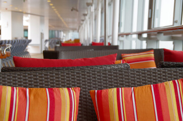 Luxury sun loungers and deck lounge chairs on terrace, patio or balcony sun deck of luxury yacht...