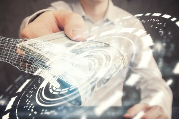 Double exposure of technology drawing hologram and us dollars bills and man hands. Data concept