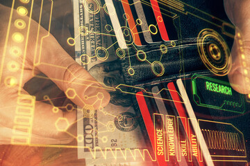 Double exposure of technology drawing hologram and us dollars bills and man hands. Data concept
