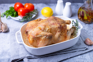 Whole baked chicken in sea salt. Home cuisine, traditional dish. Close-up.