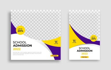 School admission Editable minimal square banner template. Yellow purple White  background color with geometric shapes for social media post, story and web internet ads. Vector illustration