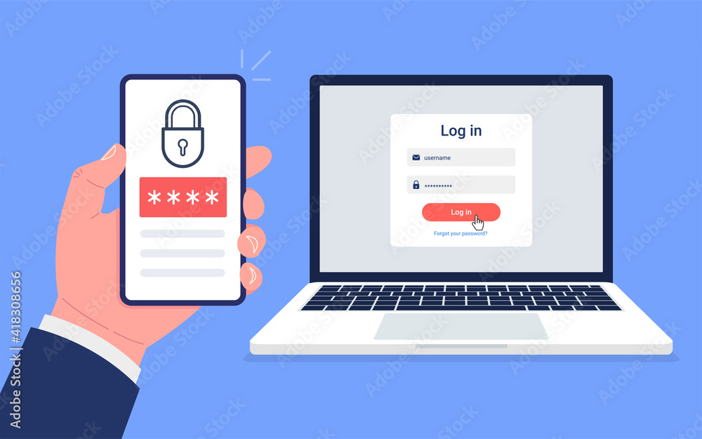 Poster two step authentication. smartphone and computer safety login or sign in. two steps verification via