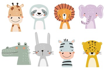 Set of cute designer animals on white background. Vector illustration for printing on fabric, postcard, wrapping paper, book, picture, Wallpaper. Cute baby background. © Дмитрий Бондаренко