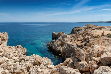 Fototapeta na wymiar View point on beautiful Mediterranean coast, sea cliffs in Cyprus.