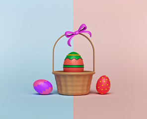 Basket with Easter eggs isolated on pastel colors background. minimal holiday style design. 3d rendering