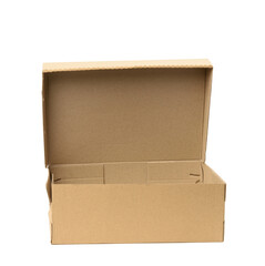 open cardboard rectangular box made of corrugated brown paper isolated on a white background